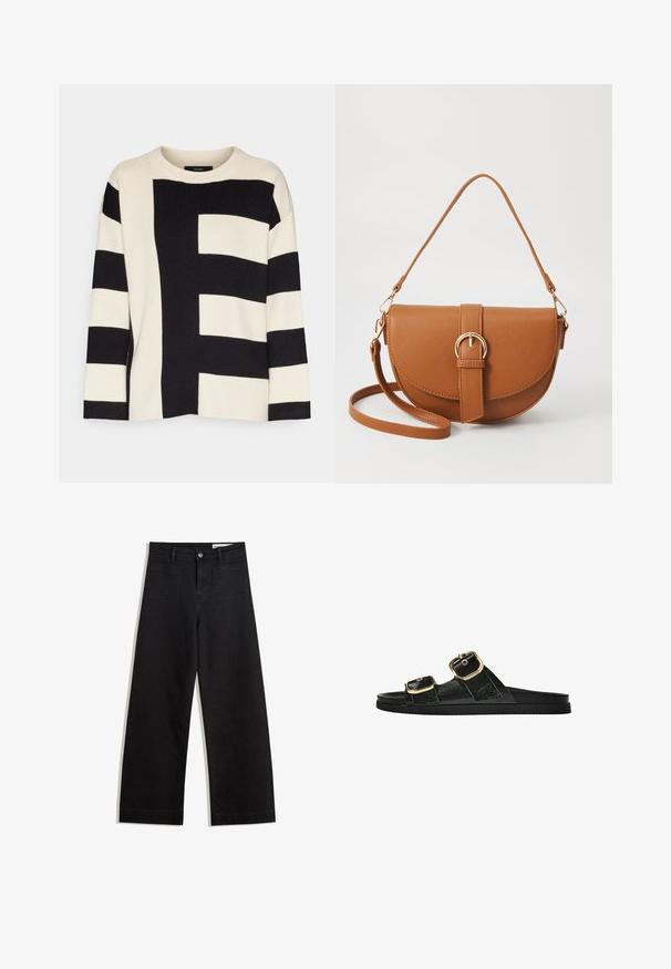 Sweter z dzianiny w kolorze kremowym z wyrazistymi czarnymi geometrycznymi wzorami, z prążkowaną teksturą, okrągłym dekoltem i długimi rękawami.; Czarne dżinsowe spodnie o szerokich nogawkach i wysokim stanie, z przednimi i tylnymi kieszeniami, przeszyciami oraz zapięciem na guziki. Gładka struktura.; Czarne klapki z dwoma złotymi klamrami, gładki materiał, płaska podeszwa i minimalistyczny design.; Brązowa skórzana torba na ramię o zaokrąglonym kształcie, ze złotymi akcentami i zapięciem w formie klamry. Posiada odpinany pasek na ramię.