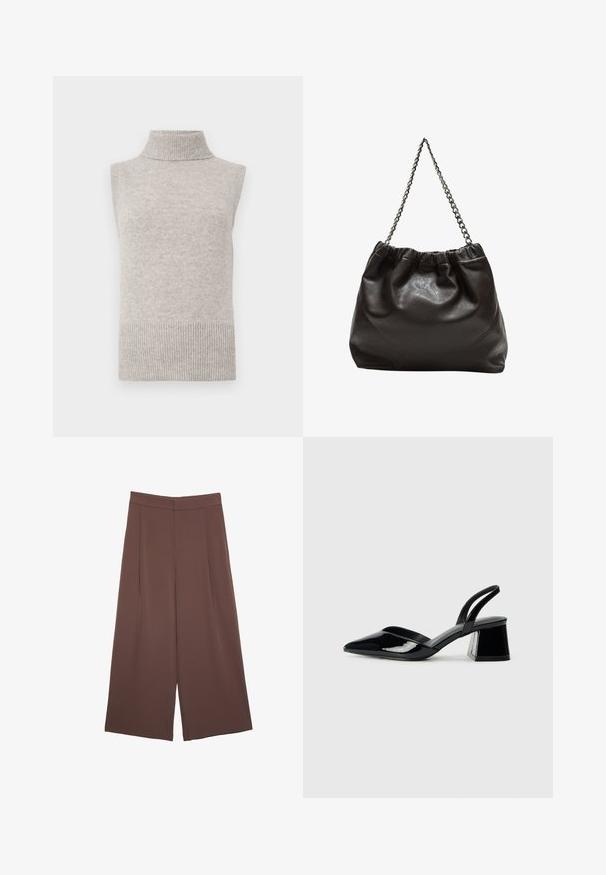 Hihaton beige neule takki, jossa on korkea kaulus, ja ribbireunat käsivarsilla sekä helmassa, valkoista taustaa vasten.; Ruskeat leveälahkeiset housut, joissa on sileä pinta, korkea vyötärö ja etupleat. Kangas on kevyttä ja laskeutuu väljänä.; Mustat patentoitu nahkakengät, joissa on säären takaosa ja terävä kärki, sekä geometrinen palikkakorko. Sisältää tyylikkään, minimalistisen muotoilun ja sileän pinnan.; Ruskea nahkainen laukku, jossa on kerätty yläosa ja ketjuhihna. Tasainen pinta, jossa kiiltävä viimeistely ja hienovaraiset sauman yksityiskohdat sivuilla.