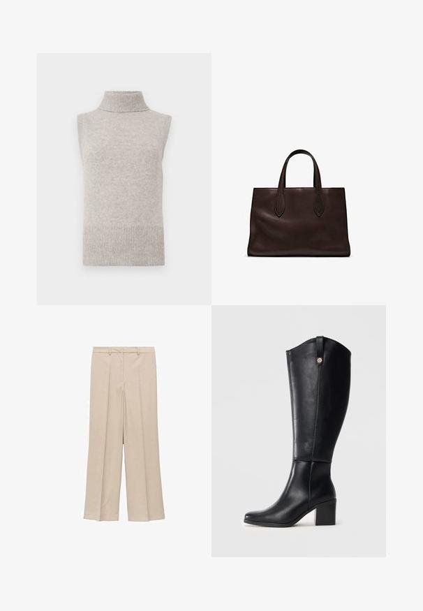 Ärmlös beige stickad turtleneck tröja utan ärmar med ribbat krage, ärmhål och fåll på vit bakgrund.; Ljusbeiga vida byxor med en slät yta, som har en plisserad framsida och sidofickor, samt en åtsittande midja.; Svarta läderstövlar i knähöjd med fyrkantig tå och blockklack. Har en sidoseam och en dekorativ metallaccent upptill.; Brun läder tote-väska med två avlånga handtag, strukturerad rektangulär form, slät textur och subtila sömdetaljer.