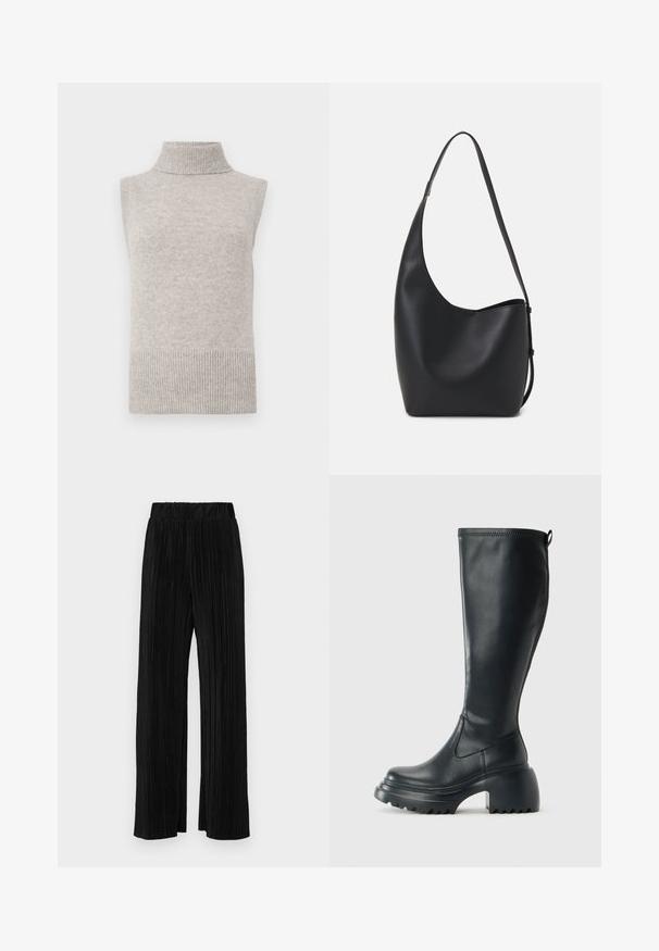 Käeaukudeta beežist soonikust turtleneck-sviitrivist, millel on soonikdateed ja ääred, valgel taustal.; Mustad pleekitud püksid elastse vöökohtaga. Omavad laiad jalad ja sujuvat, tekstureeritud kangast vertikaalsete triipudega.; Kõrge must nahksaapad, millel on massiivne platvormi tald ja blokk-kand, varustatud tõmbenööriga ja tekstuuriga väljatõmbejääk.; Mustast nahast hobo kott, millel on sile tekstuur, kumer kuju ja üks reguleeritav rihm; peal on lai avaus.