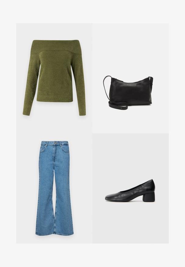 Off-the-shoulder, ilgomis rankovėmis megztinis alyvuogių žalumos spalvos, pagamintas iš minkštos, tekstūruotos medžiagos su raukinėta apykakle ir lygia dalimi.; Šviesiai mėlynos flared džinsai, pagaminti iš džinsinio audinio, su aukštu liemeniu, penkiomis kišenėmis ir vienu mygtuko užsegimu. Minkštas paviršius su išblukusiu efektu.; Juodai odiniai aukštakulniai batai su apvaliu pirštu ir vidutiniu bloku. Lygi tekstūra su minimaliu apdailos, turinčia subtilų elastingą atidarymą.; Juodas odinis petinis krepšys su lygiu paviršiumi, išlenkta forma, reguliuojama dirželiu ir užtrauktuku. Minimalistinis dizainas be puošmenų.