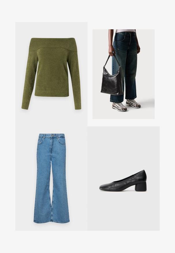 Pull en olive décolleté, à manches longues, confectionné dans un tissu doux et texturé avec un col côtelé et un corps lisse.; Jean flare bleu clair en denim, avec une taille haute, cinq poches et une fermeture à un bouton. Texture douce avec une finition décolorée.; Escarpin en cuir noir avec un bout rond et un talon bloc moyen. Texture lisse avec un minimum de détails, présentant une ouverture élastique discrète.; Sac à bandoulière en cuir noir avec une texture lisse et une bandoulière réglable, associé à un jean ample décoloré et des baskets de sport.