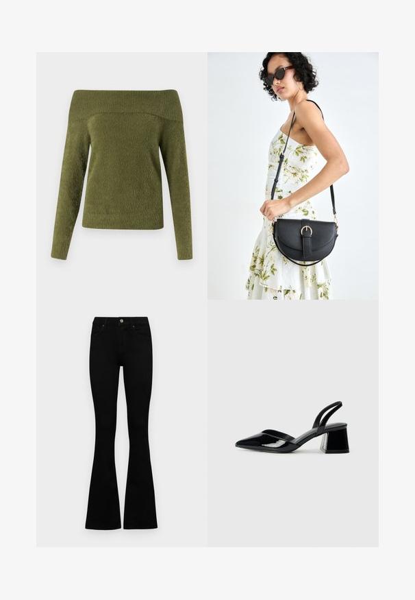 Olive zöld, vállnál nyitott, hosszú ujjú pulóver, puha, texturált anyagból készült, bordázott nyakkivágással és sima testtel.; Fekete, magas derekú farmernadrág gomb- és cipzárzárral, elülső zsebekkel és harangszárral, laposan egy fehér háttérre terítve.; Fekete lakk bőr szandálkés magas sarkú cipő, hegyes orral és geometrikus tömbsarkakkal. Karcsú, minimalista dizájn és sima textúra jellemzi.; Fekete bőrtáska ívelt formával, levehető pánttal és arany színű fémrészekkel. A táskán egy csattal díszített fedél található.