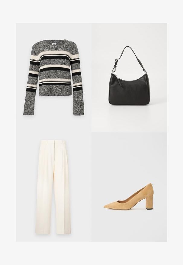 Gestreifter Pullover in Schwarz und Weiß mit rundem Halsausschnitt. Texturiertes Strickmaterial. Lange Ärmel mit ausladenden Bündchen. Horizontale Streifen in unterschiedlichen Breiten.; Bequeme, cremefarbene Weite Hosen, aus glattem Stoff gefertigt. Sie verfügen über ein maßgeschneidertes Design mit vorderen Falten und einem geraden Schnitt.; Beige Wildleder-Pumps mit hohem Absatz, spitz zulaufend und mit einem klobigen Blockabsatz. Das Material hat eine weiche Textur mit einer glatten Oberfläche.; Schwarze Lederhandtasche mit geschwungener Form, einem einzigen Tragegurt, Reißverschlussverschluss und dezentem Branding auf der Vorderseite. Glatte Textur, minimalistisches Design.