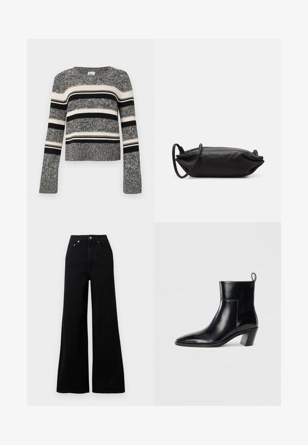 Crna i bijela prugasta vestajka s okruglim izrezom. Teksturalni pletivni materijal. Dugi rukavi s lepršavim šavovima. Horizontalne pruge različitih širina.; Crne široke traperice od trapera, s visokim strukom, pet džepova, zatvaranjem na gumbe sprijeda i minimalnim šavovima.; Crne kožne gležnjače s šiljastim vrhom, geometrijski složenim potplatom i omčom za povlačenje straga. Glatka tekstura i elegantan dizajn.; Crna kožna torbica za večernje izlaske pravokutnog oblika, glatke teksture, s tankim remenom za rameno i minimalističkim dizajnom.