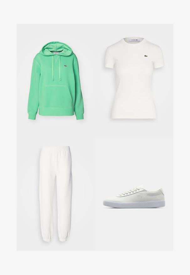 Moletom verde de algodão com capuz ajustável, bolso frontal tipo canguru, punhos canelados e um pequeno logo bordado no peito.; T-shirt branca de manga curta, com um decote redondo e um pequeno logótipo de crocodilo verde da Lacoste no lado esquerdo do peito. Fabricado em algodão suave.; Calças de fato de treino brancas feitas de um tecido malha suave. A cintura elástica e os punhos proporcionam um ajuste relaxado. Design minimalista, sem padrões ou acentos visíveis.; Sapatilha branca Lacoste com um cabedal de couro liso, atacadores planos, colarinho almofadado e sola de borracha texturizada. Logotipo discreto na lateral.
