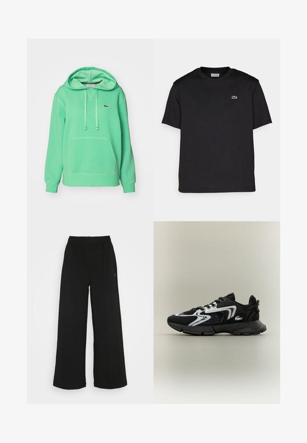 Hanorac verde din bumbac, cu glugă cu șnur, buzunar frontal tip kangaroo, manșete ribbate și un mic logo brodat pe piept.; Tricou din bumbac negru cu guler rotund, mâneci scurte și un mic logo brodat verde pe partea stângă a pieptului. Design simplu.; Pantaloni negri cu picioare largi, cu un cordon elastic la talie. Realizați dintr-un material moale și ușor. Prezintă cusături verticale pe față.; Pantofi sport negri cu panouri din plasă, accente argintii și suprapuneri texturate negre. Prezintă șireturi și o talpă curbată, robustă.