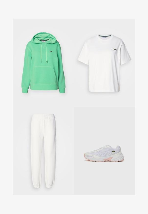 Felpa verde in cotone con cappuccio regolabile, tasca frontale a marsupio, polsini a coste e un piccolo logo ricamato sul petto.; T-shirt bianca in cotone con una vestibilità morbida, dotata di un logo ricamato verde sul lato sinistro del petto e colletto tondo. Tessuto morbido.; Pantaloni della tuta bianchi realizzati in morbido tessuto lavorato a maglia. La vita e i polsini elasticizzati offrono una vestibilità rilassata. Design minimalista, senza motivi o accenti visibili.; Scarpe atletiche bianche con una tomaia in mesh testurizzato, accenti rosa sottili sulla suola e un logo di coccodrillo verde sul lato.