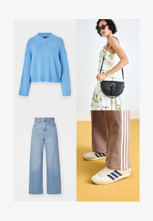 Šviesiai mėlynas megztinis su plačiu V-ąsmeniu, su raukšlėmis ant rankovių ir apačios. Turi kritusias pečių linijas ir laisvą siluetą. Minkšta tekstūra.; Šviesiai mėlynos aukšto liemens plačios kojos džinsai su priekiniais užtrauktukais ir sagom, priekinėmis ir galinėmis kišenėmis, ant baltos fono.; Kreminės sportinės bateliai su mėlynos nubuko juostelėmis, baltos raišteliais ir guminėmis padangomis. Sukomplektuota su pilkomis sportinėmis kelnėmis, turinčiomis baltas šonines juosteles.; Juodas odinis krepšys su išlenkta forma, nuimamu dirželiu ir auksiniais detalėmis. Krepšys turi kilpą su sagtimi.