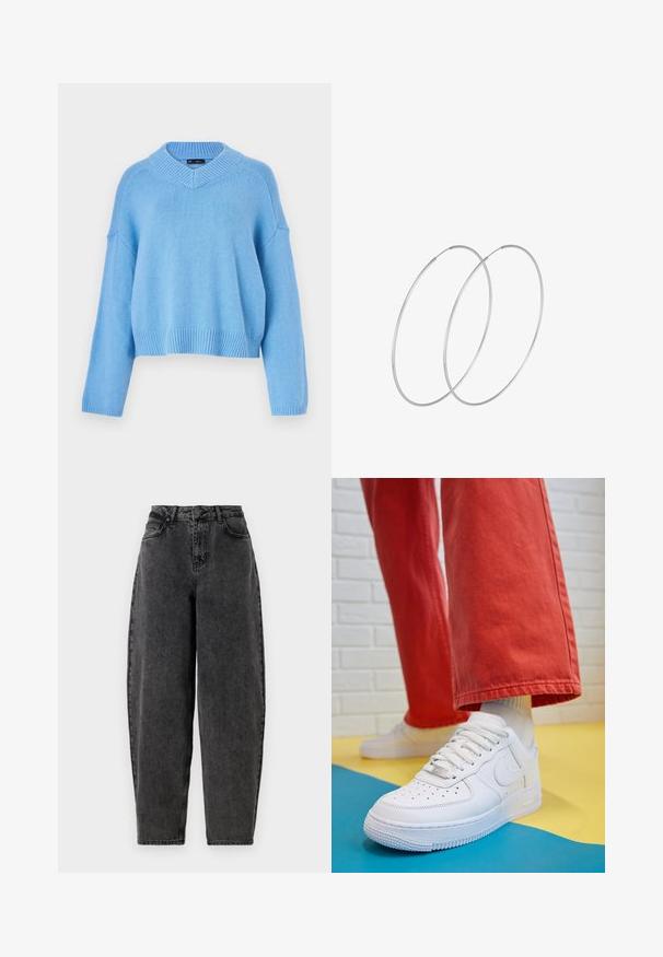 Hellblauer, gestrickter Pullover mit weit ausgeschnittenem V-Ausschnitt, gerippten Bündchen und Saum. Verfügt über überschnittene Schultern und eine lockere Passform. Weiche Textur.; Hochtaillierte schwarze Jeans aus Denim mit lockerer Passform, ausgestattet mit einem klassischen Fünf-Taschen-Design und einem Knopfverschluss. Strukturierter, nicht dehnbarer Stoff.; Weiße Leder-Sneaker mit perforiertem Zehenbereich, strukturiertem Sohlen und weißen Schnürsenkeln, kombiniert mit weiten roten Hosen und einem blauen und gelben Hintergrund.; Silberne Creolen mit minimalistischem Design. Rundform, glatte Oberfläche und dünnes Profil. Leichtgewichtig mit hochglänzender Oberfläche.