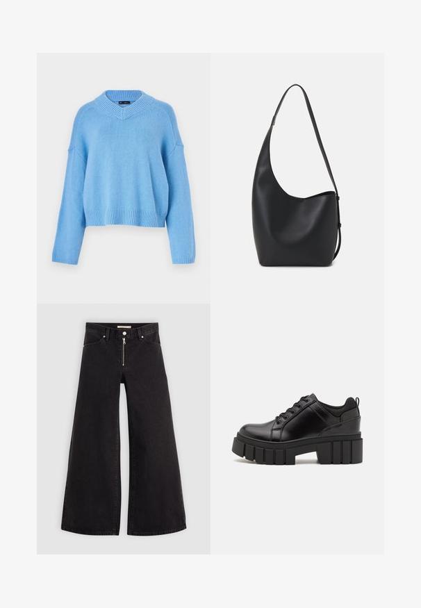 Világoskék kötött pulóver széles V-nyakkal, bordázott mandzsettákkal és hem. Laza vállszeletek és laza fazon jellemzi. Puha tapintású.; Fekete denim széles szárú farmer, cipzáros elejével, öt zsebes kialakítással és diszkrét varrással. Sima textúra és laza stílus.; Fekete bőr platform cipők vaskos blokk sarkakkal, kerek orral és hagyományos fűzős kialakítással. Simára csiszolt felület és minimális részletezés jellemzi.; Fekete bőr hobo táska sima textúrával, ívelt formával és egyetlen állítható pánttal; széles nyílás található a tetején.