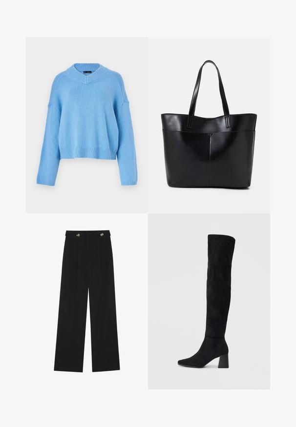 Pull en maille bleu clair avec un large col en V, des poignets et un ourlet côtelés. Présente des épaules tombantes et une coupe décontractée. Texture douce.; Pantalons larges noirs à taille haute, avec des détails de boutons à la taille et des plis sur le devant.; Botte noire en daim montée jusqu'au genou, avec un talon bloc, un bout pointu et un design lisse et sans couture sur un fond clair.; Sac fourre-tout en cuir noir avec deux longues poignées, une texture lisse et une forme structurée. Dispose d'une poche avant pour un rangement supplémentaire.