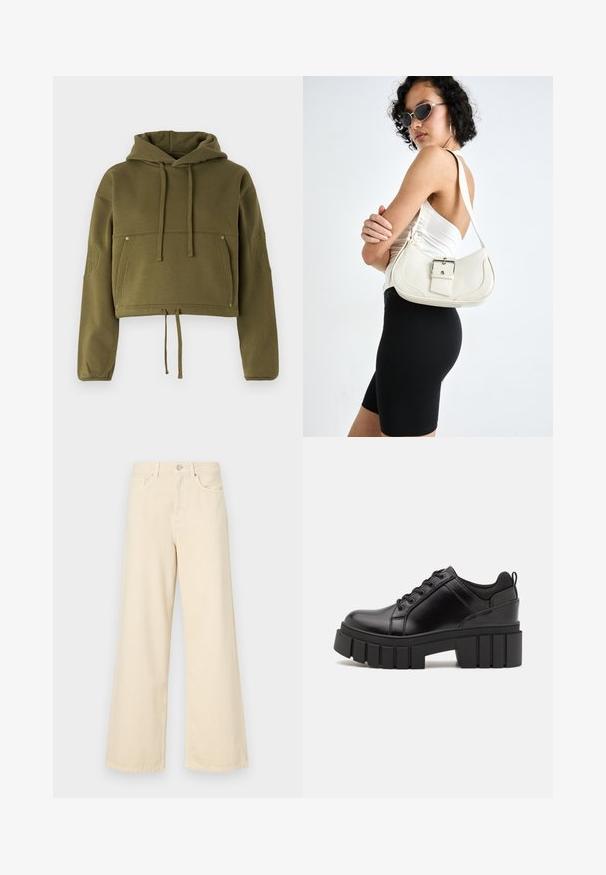 Olivinės spalvos trumpa megzta palaidinė su sistema virvute, priekinė kišenė ir siuvinėti akcentai ant rankovių. Pagaminta iš minkštos, tekstūruotos medžiagos.; Bežinės plačios kojos džinsai, pagaminti iš medvilnės. Turintys sagos uždarymą, diržo kilpas ir priekinės kišenes su lygia, švelnia tekstūra.; Juodi odiniai platformos batai su masyviu blokuota kulniuku, apvalia nosimi ir tradiciniu šnypštimo dizainu. Turintys glotnų paviršių ir minimalų dekoravimą.; Balta odinė rankinė su kreiva forma, reguliuojama dirželiu ir mažu sagties akcentu. Modelis vilki priglundančius juodus drabužius.