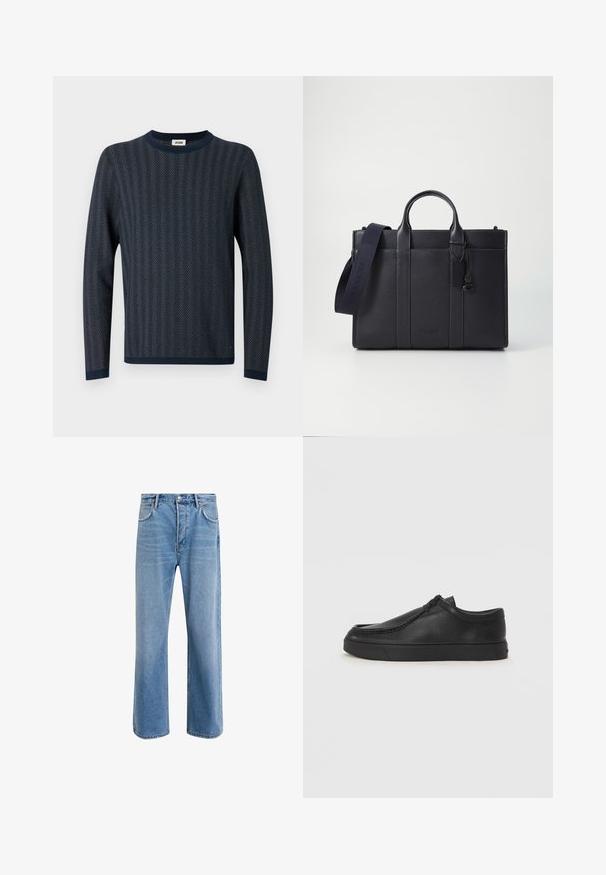 Jūras spēku adīta džemperis ar zīda rakstu, apaļu kaklu un garām piedurknēm ar kontrastējošiem jūras spēku krāsas aprocēm un apakšmalu.; Gai zilas džinsu bikses ar taisnām kājām, piecām kabatām, pogu aizvēršanu, minimālu izbalēšanu un kontrastējošiem šuvju elementiem.; Melnas ādas slip-on kurpes ar noapaļotu purngalu, šūšanas detaļām un melnu gumijas zoli. Gluda tekstūra ar minimālistisku dizainu.; Tumši jūras zila ādas portfelis ar divām augšējām rokturiem un noņemamu siksnu. Ar teksturētu apdari, vertikālām šuvēm un logo detaļu.