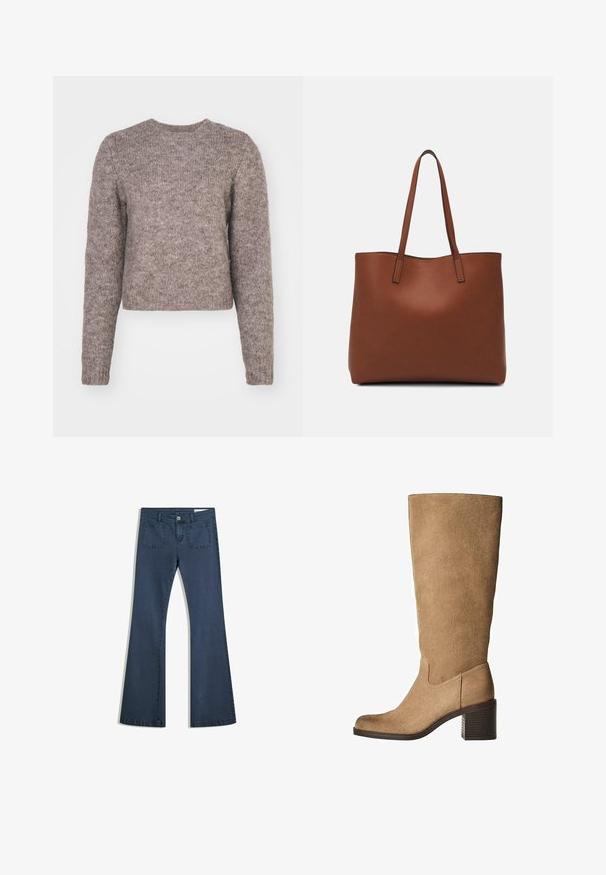 Világosbarna, rövid szabású pulóver hosszú ujjakkal, kerek nyakkal és texturált kötött anyaggal. Nincsenek látható minták vagy hardver részletek.; Sötétkék, bőszárú farmernadrág, varrott zsebekkel, gombos záródással és sima felülettel. Klasszikus ötpocket dizájnnal rendelkezik.; Barna suede térdfelett érő csizma, négyzetes orral, tömbsarkal és minimális varrással. A felsőrész sima, matt felületű.; Barna bőr vászontáska sima textúrával, nyitott tetejű dizájnnal és két vállpánttal. Minimális varrással és látható hardver nélkül készült.