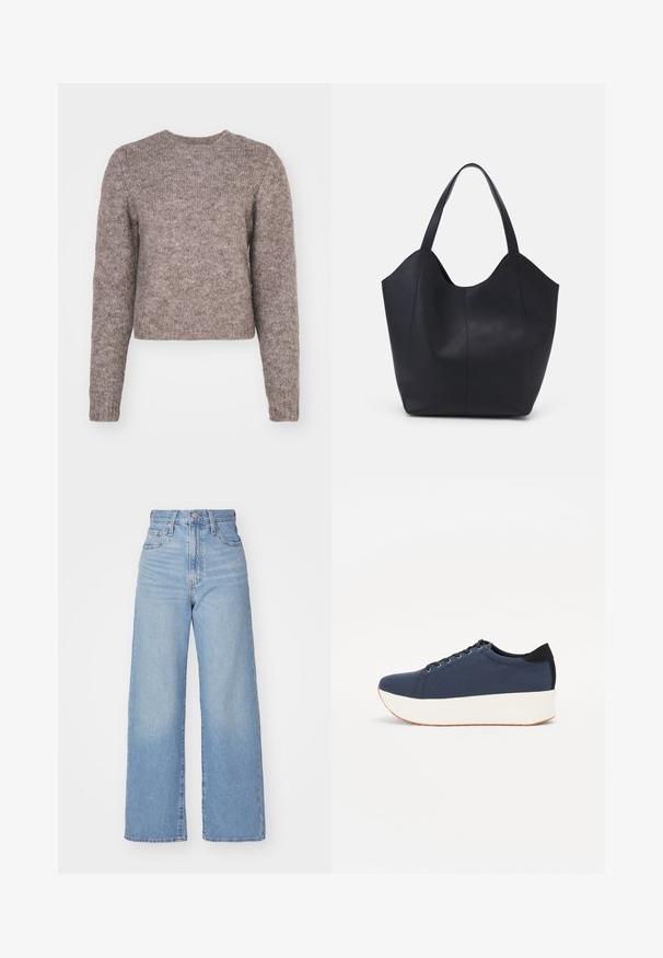 Šviesiai ruda, trumpa megztinė su ilgomis rankovėmis, apvaliu iškirpimu ir tekstūruotu audiniu. Nėra akivaizdžių raštų ar metalinių detalių.; Šviesiai mėlynos aukšto liemens plačios kojos džinsai su priekiniais užtrauktukais ir sagom, priekinėmis ir galinėmis kišenėmis, ant baltos fono.; Tamsiai mėlynas sportinis batelis su tekstūruotu audiniu viršuje, baltu platformos padu, apvaliu pirštu ir juodu kulno akcentu.š. Yra šešios skylės raišteliams.; Juodas rankinės maišelis, pagamintas iš lygaus odos, su išlenktu atviru viršumi, dviem petinėmis dirželis ir minimalistiniu dizainu.