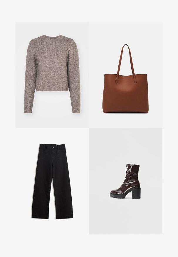 Pulover scurt, de culoare maro deschis, cu mâneci lungi, decolteu rotund și un material tricotat texturat. Fără modele sau detalii metalice vizibile.; Pantaloni din denim negri cu picioare largi, cu talie înaltă, având buzunare frontale și posterioare, cusături dublate și închidere cu nasture. Textură netedă.; Botine lucioase burgundy, cu toc gros negru, având o textură netedă și un design simplu. Fără închideri sau modele vizibile.; Geantă de umăr din piele maro cu o textură netedă, design cu vârf deschis și două curele pentru umăr. Prezintă cusături minime și fără componente metalice vizibile.