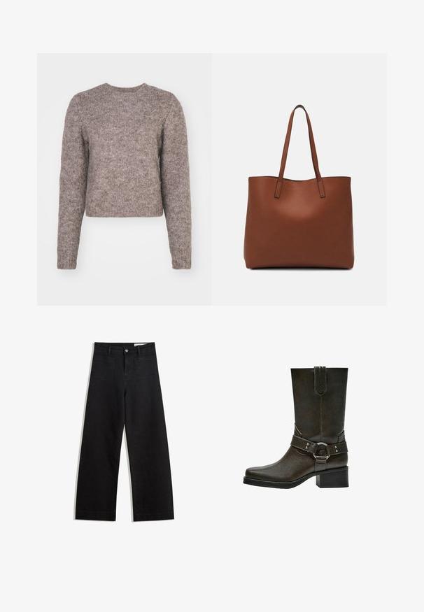 Világosbarna, rövid szabású pulóver hosszú ujjakkal, kerek nyakkal és texturált kötött anyaggal. Nincsenek látható minták vagy hardver részletek.; Fekete, bő szabású farmernadrág magas derékkal, elülső és hátsó zsebekkel, varrott felületekkel és gombos záródással. Sima textúra.; Barna bőrből készült bokacsizma négyzetes orral, rövid tömbsarkúval és díszítő csattal, ezüst színű fémalkatrészekkel. Sima felület, egyszerű dizájn.; Barna bőr vászontáska sima textúrával, nyitott tetejű dizájnnal és két vállpánttal. Minimális varrással és látható hardver nélkül készült.