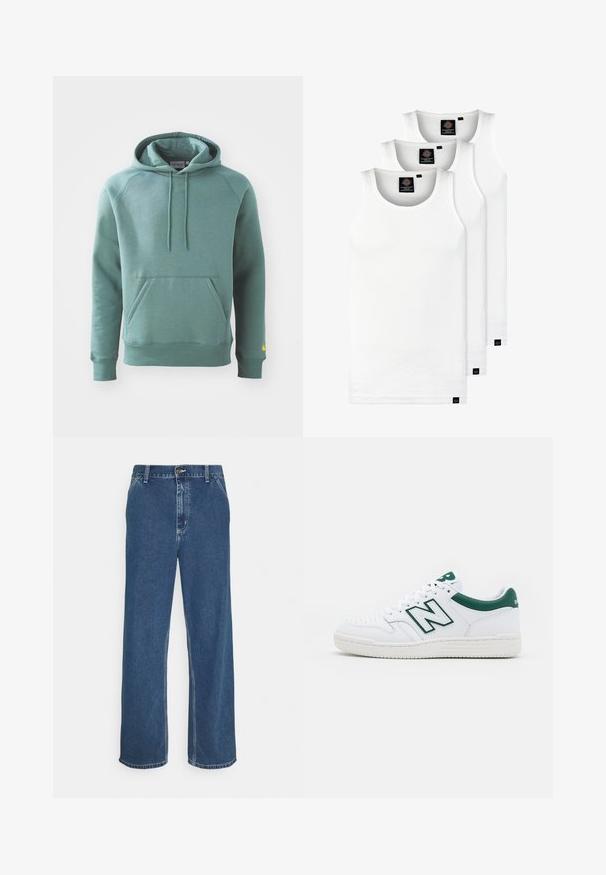 Zelená bavlněná mikina s kapsou klokankou, kapucí se šňůrkou a žebrovanými manžetami. Obsahuje žluté logo na levém rukávu.; Tři bílé žebrované tílka vyrobené z bavlny. Mají kulatý výstřih a malé černé štítky poblíž lemu. Dostupné v několika velikostech.; Modré džíny z denimu se rovným střihem, pětipocket designem, kovovým zapínáním a viditelným šitím podél švů a lemu.; Bílé tenisky s přízí v zelené barvě, kožený svršek, perforovaný špička, šněrování a texturovaná gumová podrážka. Vyznačují se výrazným logem "N".