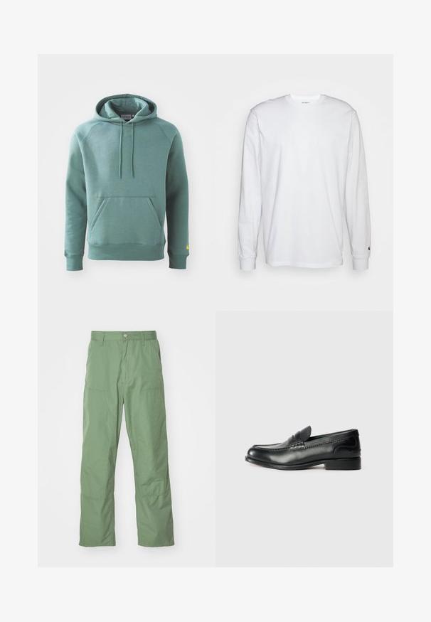 Zelená bavlněná mikina s kapsou klokankou, kapucí se šňůrkou a žebrovanými manžetami. Obsahuje žluté logo na levém rukávu.; Bílá dlouhá tričko s dlouhými rukávy vyrobené z bavlny. Design s kulatým výstřihem, žebrované manžety a malé logo na levém rukávu. Hladká textura.; Světle zelené kalhoty volného střihu s hladkým povrchem, které mají boční kapsy a viditelné švy. Dlouhé, s rovnou nohavicí.; Černé kožené mokasíny s hladkým povrchem, prošívanými detaily na svršku a mírně zvýšeným podpatkem.