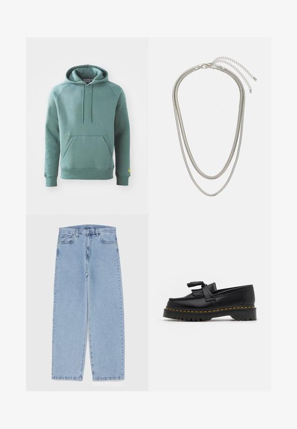 Zelená bavlnená mikina s kangaroo vreckom, kapucňou na šnúrku a rebrovanými manžetami. Na ľavom rukáve sa nachádza žlté logo.; Svetlomodré denimové džínsy s rovnými nohavicami, s polovysokým pásom, piatimi vreckami a zapínaním na gombík a zips.; Čierne kožené loafre s detailom na strapcoch, s masívnou čiernou podrážkou a žltým prešitím pozdĺž okraja. S textúrovaným povrchom.; Trojvrstvový náhrdelník zo strieborného kovu s elegantnými, flexibilnými reťazami s jemným leskom, zabezpečený sponou typu langusta a nastaviteľným reťazcom.