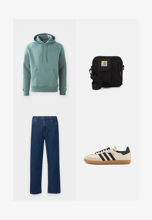 Roheline puuvillane kapuutsiga pusa, millel on ees kangaroo-tasku, nööriga kapuuts ja soonikkäised. Vasakul varrukal on kollane logo.; Tumedat sinised sirged teksapüksid esikottide ja nupuklõpsuga, esitatud helesinisel taustal.; Bež spordijalats mustade triipudega, kummitallaga ja mustade aktsentidega. Omab siledat nahast pealist ja ümarat varba disaini.; Mustmust kott, millel on lukkudega peamine ruum, esikott, reguleeritav rihm ja nähtav logofirma kleebis kaasel.