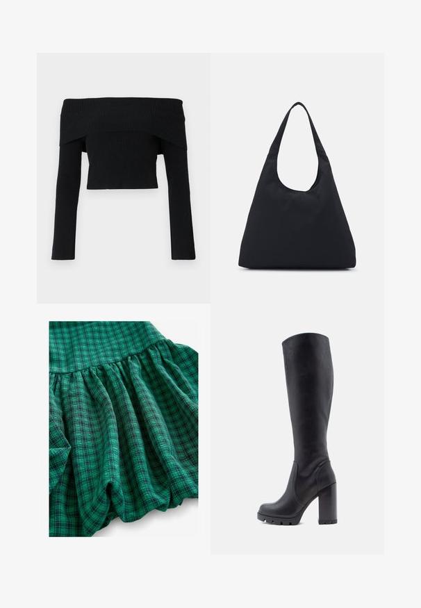Crni, jednogrameni, rebrasti pulover s dugim rukavima; skraćeni dizajn i teksturirana tkanina. Bez ukrasa ili uzoraka.; Zeleni karo materijal karakteriziraju različiti tonovi, nabran oblik i volan na rubu. Izgleda prozračno i lagano.; Crne čizmice do koljena, od glatke kože, s punom petom, zaobljenim vrhom, teksturiranom potplatom s gripom, elegantnog dizajna bez ukrasa.; Crna tkanina torba s jednim širokim remenom za rame. Mekan, polustrukturiran oblik i glatka tekstura; minimalistički dizajn, bez vidljivog hardvera.