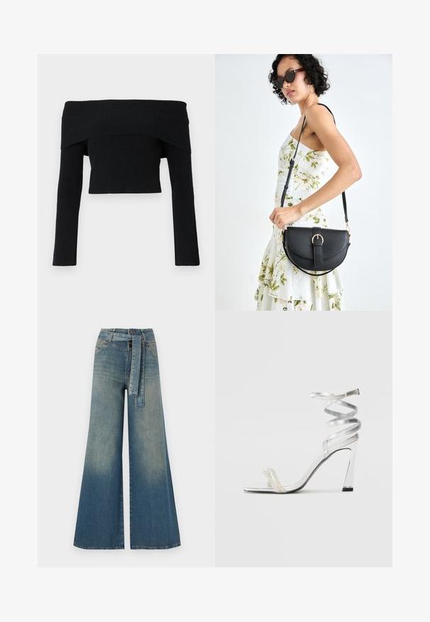 Schwarzer, schulterfreier, gerippter Pullover mit langen Ärmeln; kurzes Design und strukturiertes Gewebe. Keine Verzierungen oder Muster.; Weit geschnittene Denim-Hosen mit einem Farbverlauf von hellblau zu dunkelblau, hoher Taille, Gürtelschlaufen und einem passenden Stoffgürtel. Strukturierte Denim-Oberfläche.; Silberne High-Heel-Sandale mit einem glänzenden Riemen-Design, das einen perlenähnlichen Akzent und einen spiralförmigen Knöchelriemen für einen sicheren Sitz bietet.; Schwarze Lederhandtasche mit geschwungener Form, abnehmbarem Tragegurt und goldenen Beschlägen. Die Tasche verfügt über einen Deckel mit einer Schnallen-Details.