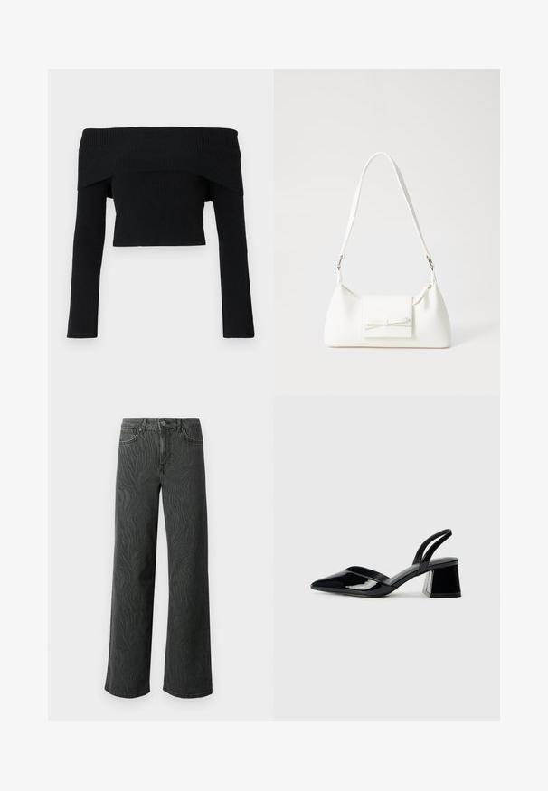 Suéter preto, com decote off-the-shoulder, canelado, com mangas longas; design cropped e tecido texturizado. Sem bordados ou padrões.; Calças de perna larga em denim cinza escuro, apresentando uma textura sutil de padrão zebra, costura em contraste e um design de cinco bolsos com fecho de botão.; Sandy em verniz preto com salto slingback, ponta afilada e salto geométrico. Apresenta um design elegante e minimalista com textura suave.; Mala sintética branca com formato triangular, aba frontal plana e detalhe de laço, alça ajustável, textura suave e design minimalista.