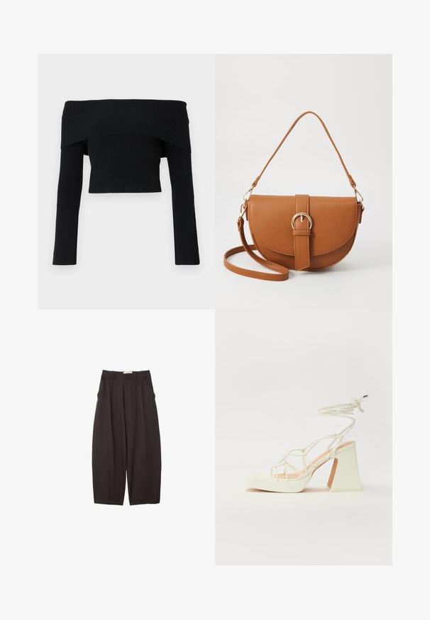 Črna, off-the-shoulder, rebrasta pulover s dolgimi rokavi; skrajšana zasnova in teksturirana tkanina. Brez okraskov ali vzorcev.; Črne široke hlače iz gladkega materiala, z visokim pasom, zgornjimi pregibi in stranskimi žepi. Preprost dizajn brez okrasnih elementov.; Bela sandala na visokih petah s debelim petam, ki ima obliko trakcev in vezanje okoli gležnja. Gladka tekstura z platformo spredaj za dodatno višino.; Rjava usnjena torbica prek telesa s ukrivljeno obliko, zlate opreme in sponko. Ima odstranljiv naramni trak.
