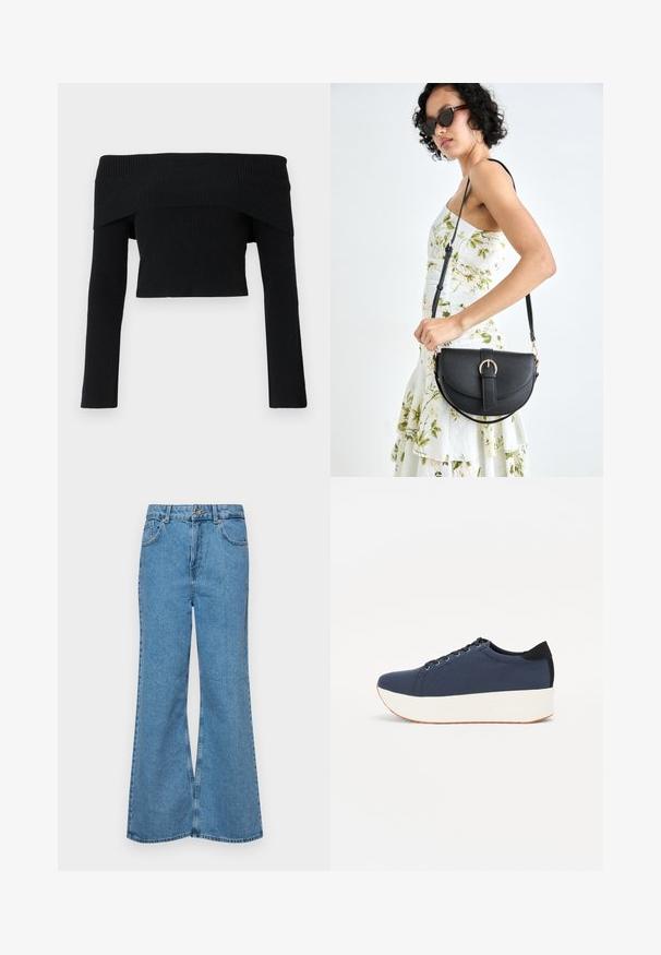 Melns, plecu atklājošs, ribots džemperis ar garām piedurknēm; īsāks dizains un strukturēts audums. Nav rotājumu vai rakstu.; Gaiši zili, platā piegriezuma džinsi, kas izgatavoti no denima, ar augstu jostasvietu, piecām kabatām un vienu pogu. Mīksta tekstūra ar nolietotu apdari.; Navy zilo apavi ar strukturētu auduma augšdaļu, baltu platformas zoli, noapaļotu pirkstu daļu un melnu papēža akcentu. Iekļautas sešas acs caurumi šnuķēšanai.; Melnas ādas rokassoma ar izliekta formu, noņemamu siksnu un zelta aksesuāriem. Somai ir vāciņš ar sprādzes detaļu.