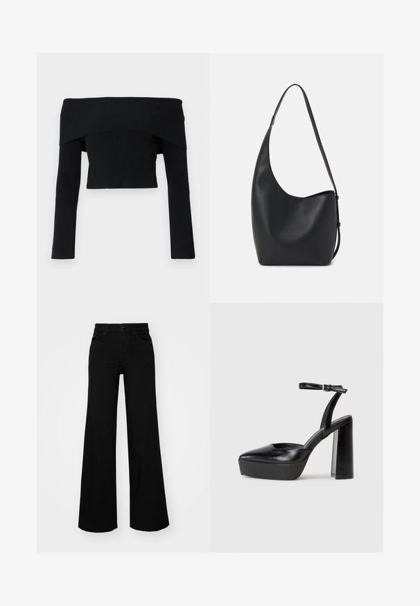 Black, off-the-shoulder, ribbed sweater with long sleeves; cropped design and textured fabric. No embellishments or patterns.; Black wide-leg pants made of denim, featuring a structured waistband, belt loops, and front pockets. Smooth texture with a classic design.; Black platform heels with a pointed toe and adjustable ankle strap. Constructed from smooth leather, featuring a chunky block heel.; Black leather hobo bag with a smooth texture, curved shape, and single adjustable strap; features a wide opening at the top.