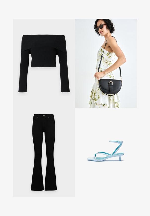 Schwarzer, schulterfreier, gerippter Pullover mit langen Ärmeln; kurzes Design und strukturiertes Gewebe. Keine Verzierungen oder Muster.; Schwarze hochtaillierte Jeans mit einem Knopf- und Reißverschluss, Fronttaschen und ausgestellten Beinen, flach auf einem weißen Hintergrund ausgelegt.; Hellblaue Riemchensandalette mit quadratischer Zehenform, flachem Absatz, verstellbarem Knöchelriemen und glatter, glänzender Oberfläche. Überkreuzte Riemen auf dem Fußbett.; Schwarze Lederhandtasche mit geschwungener Form, abnehmbarem Tragegurt und goldenen Beschlägen. Die Tasche verfügt über einen Deckel mit einer Schnallen-Details.