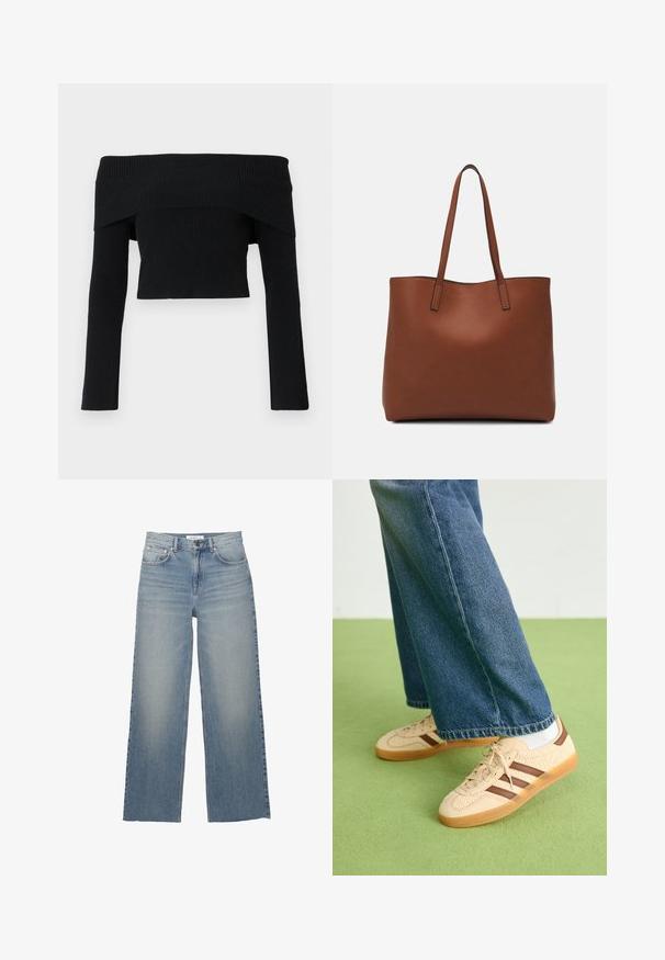 Pulover negru, cu umerii descoperiți, cu model în dungi și mâneci lungi; design scurt și țesătură texturată. Fără broderii sau modele.; Jeans de blugi de culoare albastru deschis, cu picioare largi, realizate din denim, având talie înaltă, buzunare frontale și închidere cu nasture. Textură netedă cu zone estompate.; Tenisi bej cu panouri texturate de culoare crem și dungi maro, asortați cu blugi din denim albastru. Blugii au un croi larg și o margine desfăcută.; Geantă de umăr din piele maro cu o textură netedă, design cu vârf deschis și două curele pentru umăr. Prezintă cusături minime și fără componente metalice vizibile.