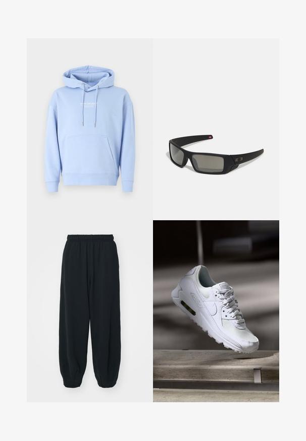 Svijetloplava dukserica od mekanog pamuka, s prednjim džepom, kapuljačom s vezicom i otisnutim logotipom u bijeloj boji na prsima.; Crne, dukserice s elastičnim strukom, širokog kroja, s manžetama na gležnjevima, glatke teksture i bez vidljivih uzoraka ili metalnih detalja.; Bijela Nike Air Max 90 tenisica s gornjim dijelom od mrežice i kože, perforiranim prstima i vidljivom zračnom jedinicom u peti.; Crne sunčane naočale s mat površinom, pravokutnim staklima, blagim zakrivljenjima na sljepoočnicama, suptilnim logotipom i dimnim staklima.