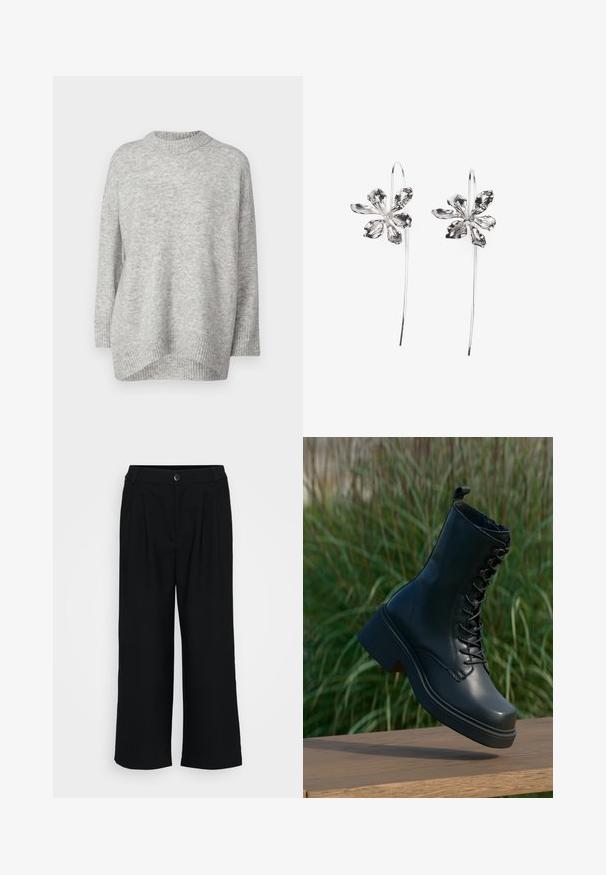 ONLY Petite ONLSILJA LOOSE PULLOVER - Džemper - light grey; Mustad laiad püksid, mis on valmistatud siledast kangast, esifalte, nööpide sulgemisega vöökoht ja voogav siluett.; Mustad musta nahkasaapad ümmarguse toe, nööridega esiosa ja paksu, chunky kontsaga. Omab detailset tikandit ja sileda pinna tekstuuri.; Hõbedased lillekujulised kõrvarõngad tekstureeritud viimistlusega, pikal konksul ja kroonlehtedetaoliste detailidega, moodustades keeruka disaini.