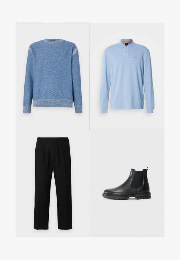 Blue knit sweater featuring a textured pattern, round neckline, and ribbed cuffs and hem. The fabric appears soft with a medium thickness.; Light blue long-sleeve polo shirt in textured fabric with a collar and two-button placket, featuring embroidered "BOSS" logo on the chest.; Black trousers made of a smooth fabric, featuring an elastic waistband, straight leg design, and two front pleats for added detail.; Black leather Chelsea boot with elastic side panels, pull tab, rounded toe, and rugged sole featuring traction grooves.