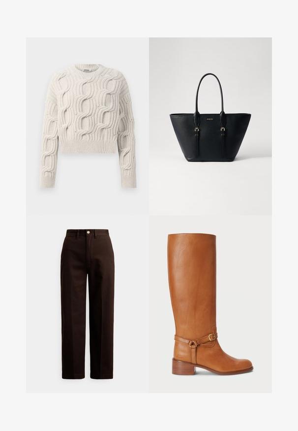 Maglione chunky avorio con motivi a trecce testurizzati, maniche lunghe, collo a giro e polsini e orlo a coste.; Pantaloni marrone scuro a gamba dritta con chiusura a bottone e cerniera, passanti per cintura e tasche frontali su sfondo bianco.; Alti stivali in pelle marrone con una finitura liscia, dotati di una fascia con fibbia laterale e un tacco impilato. La parte superiore presenta un design pulito e senza ornamenti.; Borsa a tote in pelle nera con finitura testurizzata, forma allungata, doppi manici e dettagli in metallo dorato.
