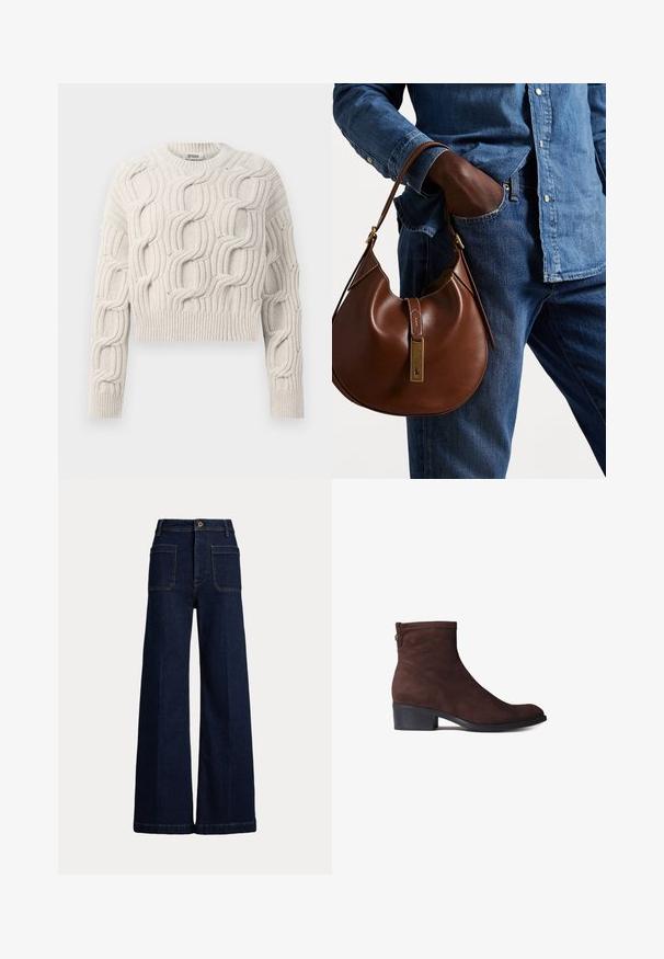Ecrufarbener, grob gestrickter Pullover mit strukturierten Zopfmuster, langen Ärmeln, Rundhalsausschnitt und gerippten Bündchen und Saum.; Weite, dunkelblaue Jeans mit hohem Bund, Fünf-Taschen-Design und kontrastierenden Nähten. Sie verfügt über einen Knopfverschluss und eine strukturierte Form.; Brauner Wildleder Stiefelette mit niedrigem Blockabsatz, runder Zehenpartie und einem Knopfdetail an der Seite. Glatte Textur, minimalistisches Design.; Braune Leder-Hobo-Tasche mit runder Form, ausgestattet mit goldenen Hardware-Details und kontrastierenden Nähten. Kombiniert mit einem Jeanshemd und Jeans.
