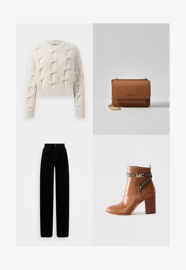 Osvetljeno bež debelo pleteno pulover z teksturiranimi kabelskimi vzorci, dolgimi rokavi, krojnim ovratnikom ter rebrastimi manšetami in robom.; Črne kordurojske hlače z visokim pasom, širokimi nogami in enim sprednjim gumbom za zapiranje. Gladka tekstura z navpičnimi rebri.; Rjavi usnjeni gležnjarji z blokastim petami, stransko zanko z zlatimi zakovicami in z zlatim sponko z logotipom "MK".; Rjava teksturirana usnjena torba čez ramo z zlatim verižnim trakom in zapiranjem na pokrov. Spredaj je vidna podrobnost logotipa in žep pod pokrovom.