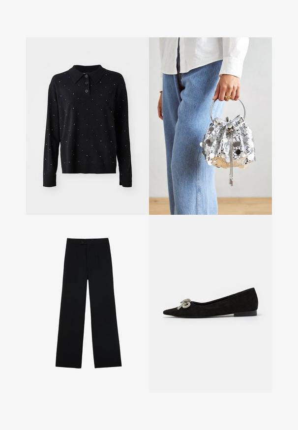 Pulover negru cu guler și trei nasturi. Prezintă puncte argintii dispersate în întreaga sa suprafață. Confecționat dintr-un material moale, texturat.; Top negru fără mâneci, fabricat din catifea, cu un guler înalt și un nod decorativ la decolteu. Textură netedă și design simplu.; Pantaloni negri cu croi larg, confecționați dintr-un material neted, cu închidere frontală prin nasture și două plii pentru detalii suplimentare. Design elegant, adaptat.; Pantof negri din suede, cu vârful ascuțit, decorat cu un detaliu de fundiță argintie pe partea din față, având un toc mic.; Geantă tip bucket argintie, cu paiete, dotată cu un mâner metalic circular; include un sistem de închidere cu șnur și accente din lanț, pe un fundal din denim deschis și material alb.