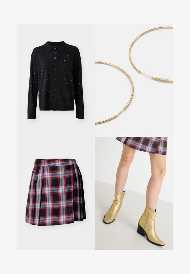 Juodas megztinis su apykakle ir trimis mygtukais. Papuoštas išbarstytais sidabriniais taškeliais visoje paviršiuje. Pagamintas iš minkštos, tekstūruotos medžiagos.; Juoda languota sijonas su raudonais, mėlynais ir pilkais langeliais, su raukšlėmis ir plokščiu liemeniu, užtikrinančiu tvirtą prigludimą. Minkšta audinio tekstūra.; Auksiniai kulkšnies batai su siauru pirštu ir juodu kulnu. Pagaminti iš blizgaus, lygaus materiálio, su šonine užtrauktuku ir siuvinėtais akcentais.; Aukso spalvos žiedo auskarai, ploni ir apvalūs, su lygiu metaliniu paviršiumi be papuošimų ar raštų.