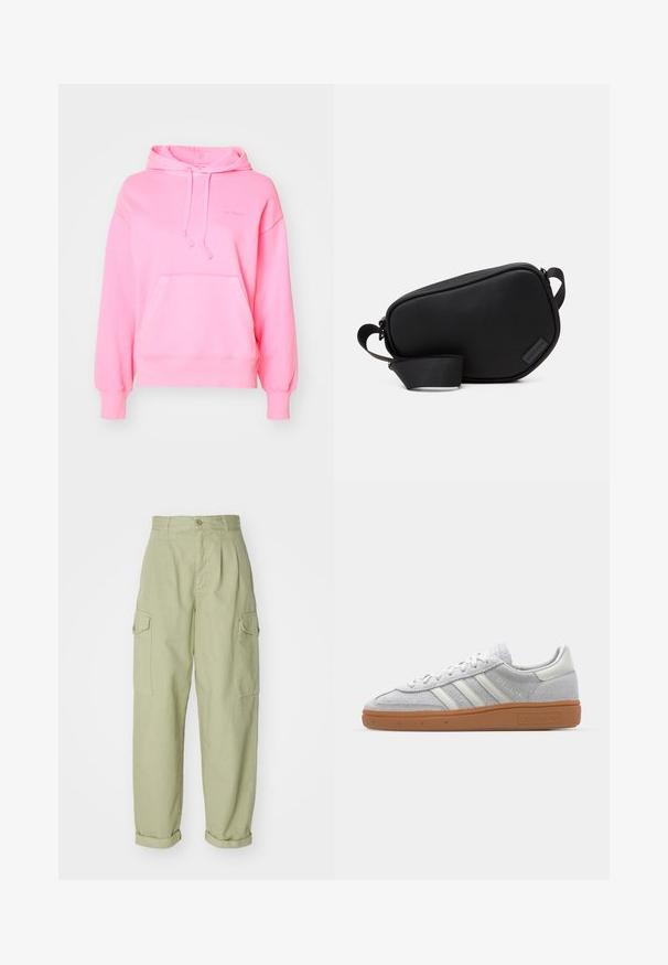 Roza kapuca s kengurujskim žepom, prilagodljivim šnurkom, rebrastim manžetama i rubovima, s diskretnim logotipom sprijeda. Mekana tekstura tkanine.; Svetlozeleni cargo hlače iz bombažnega blaga. Imajo visok pas, zavihane manšete in dva stranska cargo žepa za dodatno uporabnost.; Svjetlo sivi suedesni sportski cipeli s bijelim kožnim naglascima, tri bijele pruge i smeđi gumeni potplat, s podstavljenim ovratnikom za udobnost.; Črni nahrbtnik za čez ramo z zadrgo je izdelan iz gladkega materiala, ima raven obliko, en trak in majhen logotip. Minimalističen dizajn.