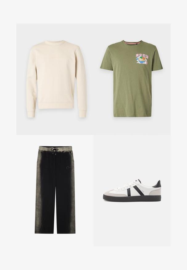 Beige sweatshirt made of soft fabric, featuring a round neckline, long sleeves, and subtle embroidered detailing on the chest.; Olive green cotton T-shirt featuring a printed bowl of food design in pink, blue, and green, with a crew neck and short sleeves.; YOURTURN UNISEX - Tracksuit bottoms - black; White sneaker with black and gray accents, featuring a textured gray toe cap, black rubber sole, and flat white laces. Clean design, minimalist style.