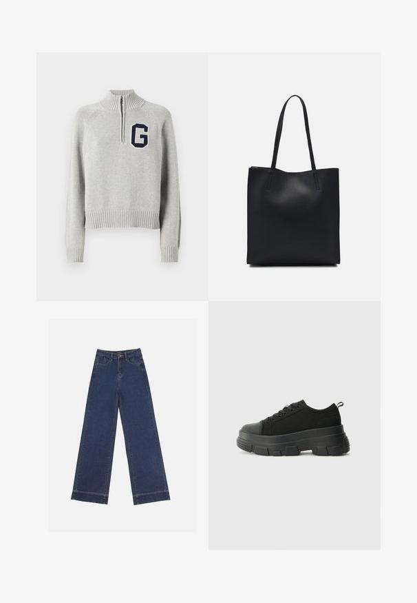 GAP LOGO HALF ZIP - Strikkegenser - grey; Videbenede dressbukser i mørkeblå denim. Har fem lommer, beltestropper og en rå kant i bunden med synlige stikninger.; Svarte sneakers med en kraftig gummisåle, teksturert stoffoverdel, rund tå og snøring. Har forsterkede snørehull og bakre trekkstang.; Svart lær tote bag med glatt tekstur, rektangulær form og to lange håndtak. Ingen synlige deler eller dekorasjoner.