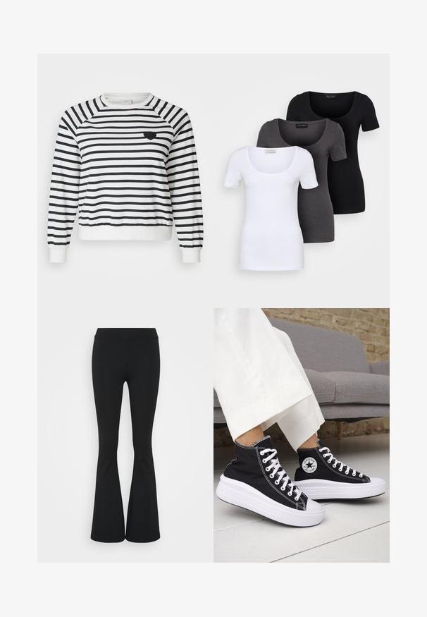 ONLY Carmakoma CARJUDY STRIPE HEART O NECK - Sportinis megztinis - cloud dancer/night sky; Trys priderinti marškiniai: balti, pilki ir juodi. Kiekvienas turi plačią apvalią iškirptę ir trumpas rankoves. Pagaminti iš lygaus, tamprių audinio.; Juodai platėjantys kelnių, pagamintų iš tamprių medžiagų, kurie turi aukštą juosmenį ir lygią tekstūrą. Kelnės platėja nuo kelio.; Juodi aukštakulniai sportbačiai su baltais guminiu padu ir raišteliais. Ant jų yra apvalus logotipo lopas ir kontrastingos baltos siūlės. Pagaminti iš drobės medžiagos.