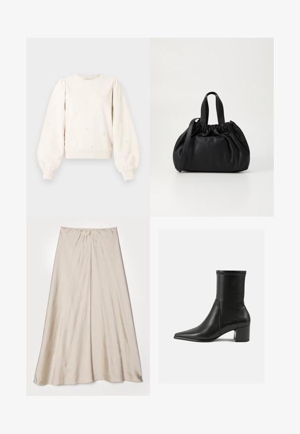 Cream-colored sweatshirt with puffed sleeves, ribbed cuffs, and embroidered heart patterns throughout. Soft cotton fabric with a relaxed fit.; Beige, satin skirt with a flared silhouette. Features a gathered waistband and a subtle sheen, with angled seams and a flowy drape.; Black ankle boot made of smooth leather, featuring a pointed toe, a block heel, and distinct raised stitching at the top edge.; Black leather handbag with a gathered top design, featuring two short handles and a long adjustable strap. Smooth texture, rounded shape.