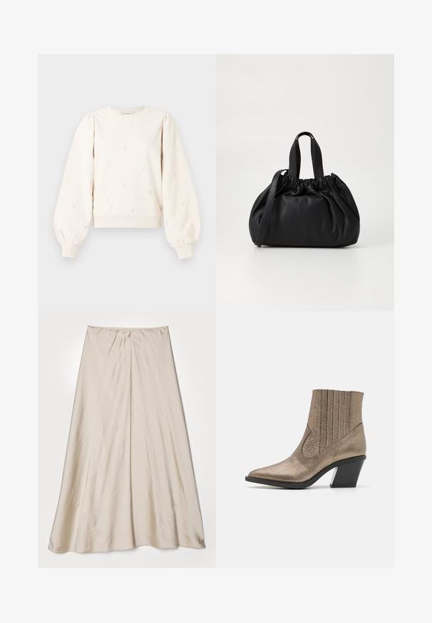Crème-kleurige sweatshirt met opstaande mouwen, geribde manchetten en geborduurde hartpatronen overal. Zachte katoenen stof met een relaxte pasvorm.; Beige satijnen rok met een uitlopende silhouette. Heeft een verzamelde tailleband en een subtiele glans, met schuine naden en een vloeiende val.; Metalen bronzen enkelboot met een spitse neus, textuur oppervlak, verticale uitsparingen en een blokhak met een doorzichtig accent.; Zwarte leren handtas met een geplooid ontwerp aan de bovenkant, voorzien van twee korte handvatten en een lange verstelbare schouderband. Gladde textuur, ronde vorm.