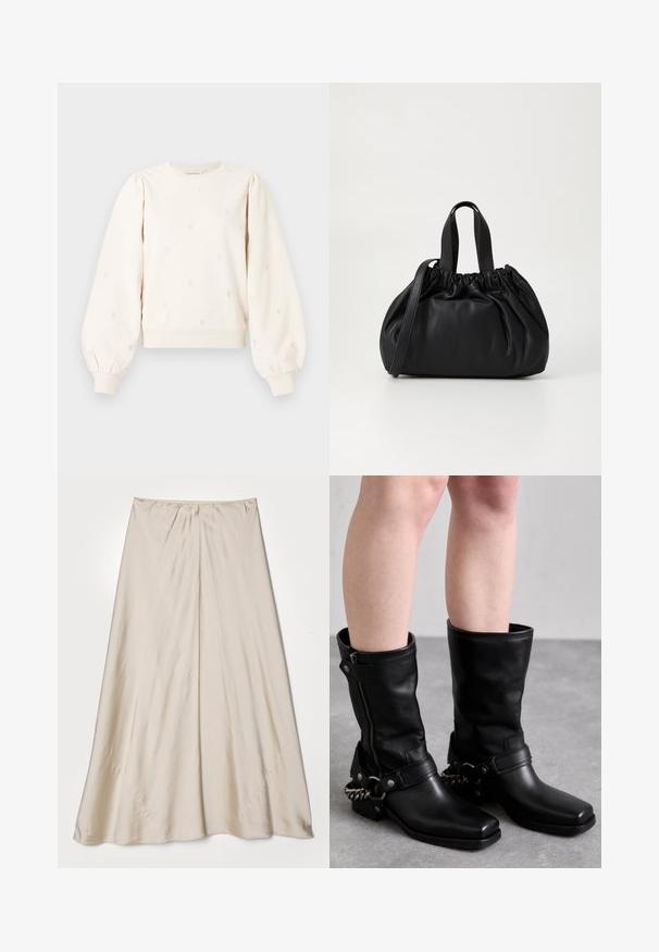 Svetlo bež pulover s napihnjenimi rokavi, rebrastimi manšetami in vezenimi srčnimi vzorci po celi površini. Mehka bombažna tkanina z sproščenim krojem.; Bežna svilena krila s razširjenim silhueto. Ima nabran pas in subtilen lesk, z naklonjenimi šivi in tekočim padanjem.; Črne usnjene škornje do kolen s kvadratnim prstom, stranskim zadrgo in nastavljivim trakom, ki vsebuje kovinsko verigo kot dekoracijo. Mat zaključek in trden podplat.; Črna usnjena torbica z zloženim zgornjim dizajnom, opremljena z dvema kratkima ročkama in dolgo nastavljivo naramnico. Gladka tekstura, okrogla oblika.