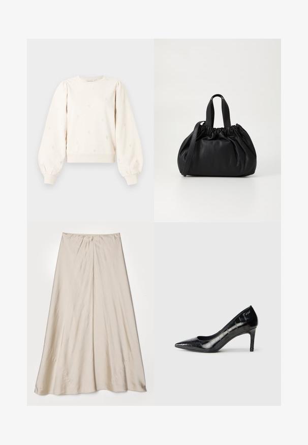 Sweatshirt de cor creme com mangas bufantes, punhos canelados e padrões de corações bordados por todo o lado. Tecido de algodão macio com um corte descontraído.; Saia de cetim bege com silhueta evasé. Apresenta uma cintura franzida e um brilho subtil, com costuras anguladas e um caimento fluido.; Sapatos de salto alto pretos, com bico fino, acabamento brilhante e padrão texturado subtil. Apresentam um salto moderado e um design com abertura na garganta.; Bolsa de couro preta com um design de topo franzido, apresentando duas alças curtas e uma alça longa ajustável. Textura suave, formato arredondado.